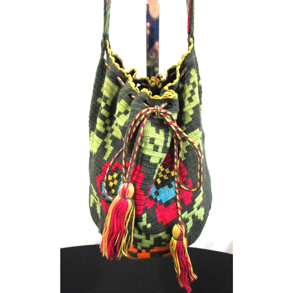 Handmade Boho Hippie Floral Crocheted Colorful Drawstring Bucket Crossbody Purse